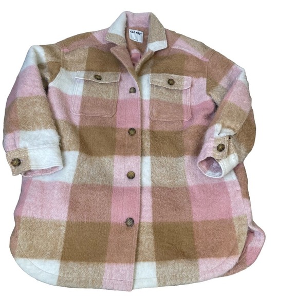 Old Navy Checkered Coat wool Shacket jacket plaid pink/brown pockets SZ L - Picture 2 of 11